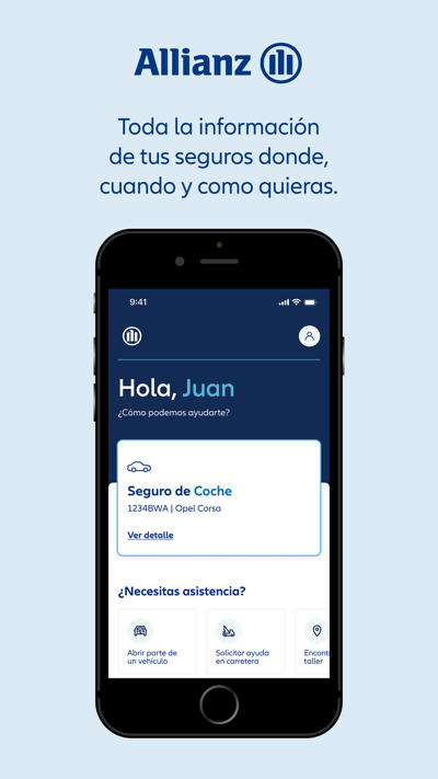 Pantalla de inicio de la app myAllianz con acceso a pólizas y asistencia