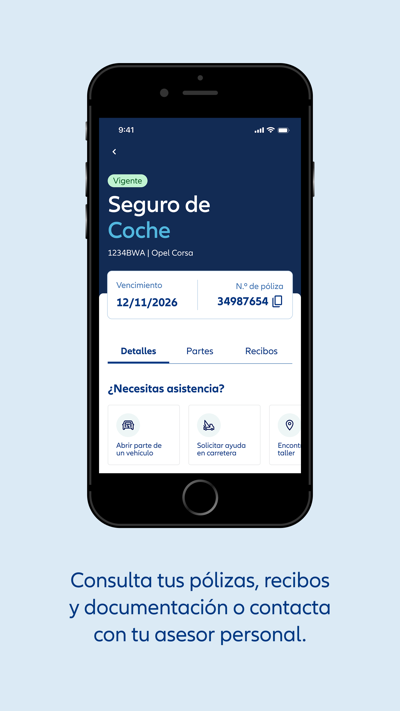 Detalle de póliza de coche en la app myAllianz con vencimiento y número de póliza