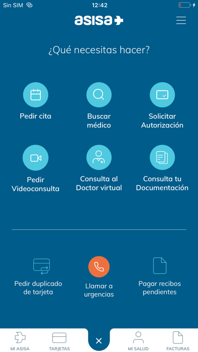 Pantalla principal de la app ASISA con acceso a citas, videoconsultas y autorizaciones