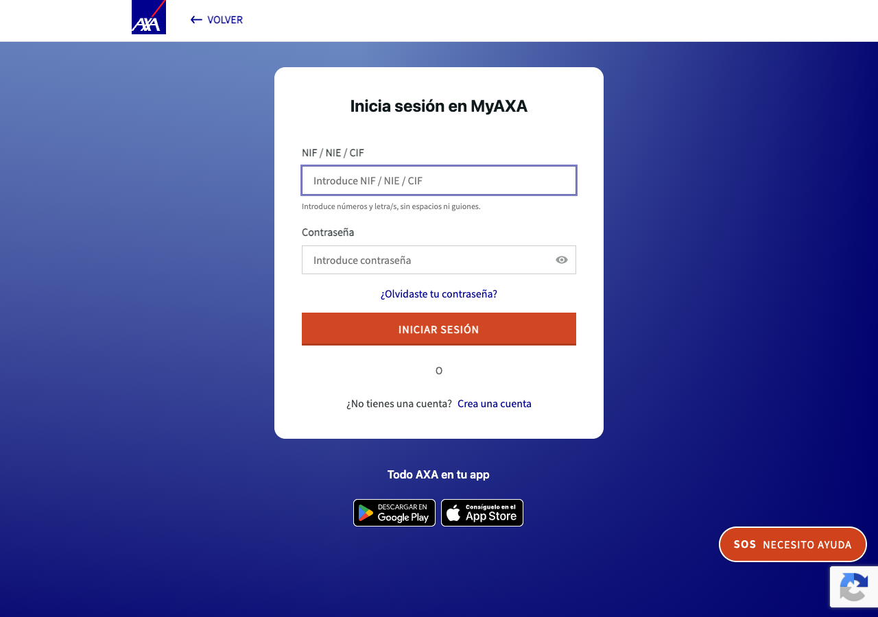 Pantalla de inicio de sesión de MyAXA
