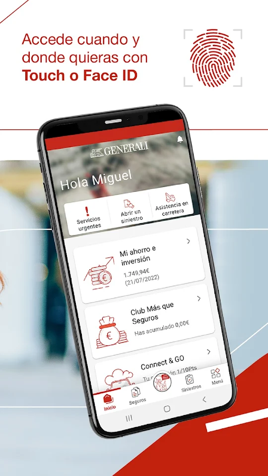Panel principal de la app Mi Generali con acceso a seguros y siniestros