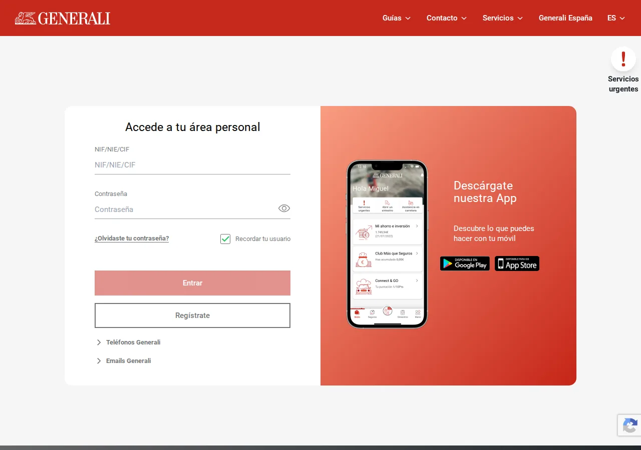 Pantalla de acceso a MI GENERALI con el campo NIF/NIE/CIF, la contraseña, el enlace de contraseña olvidada y el botón Regístrate