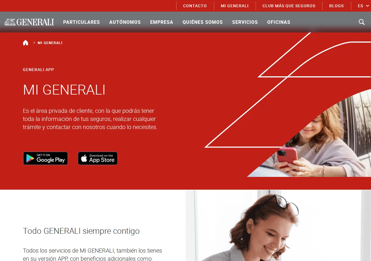 Página de MI GENERALI en generali.es: el área privada de cliente, con los botones de descarga de la app