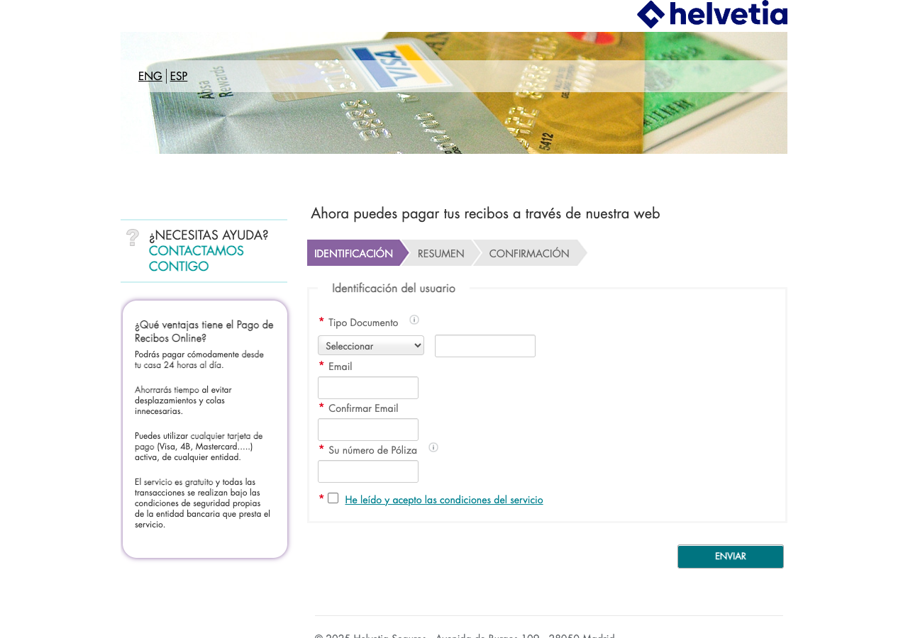 Formulario de identificación del pago de recibos online de Helvetia