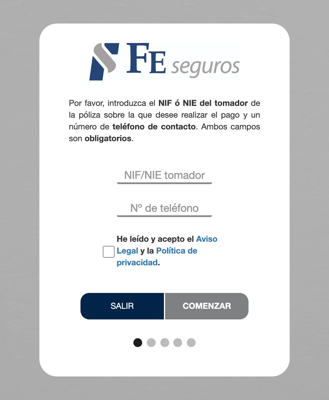 Formulario de pago online de LA FE: campos de NIF/NIE del tomador y número de teléfono, casilla de aceptación del aviso legal y botón Comenzar