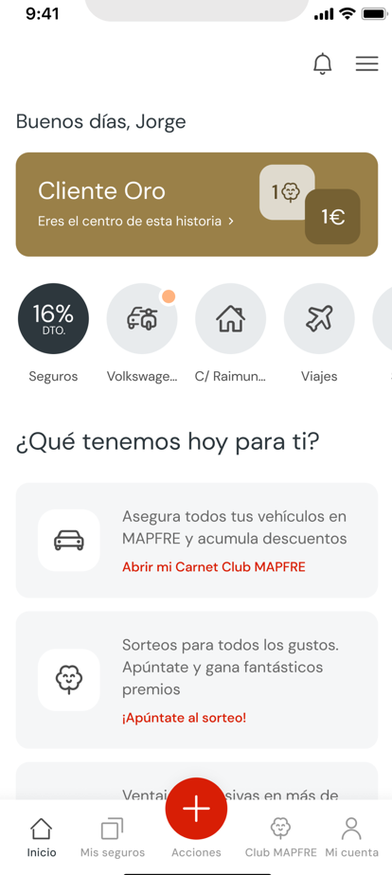 Pantalla de inicio de la app de MAPFRE con la barra inferior y la pestaña Mis seguros
