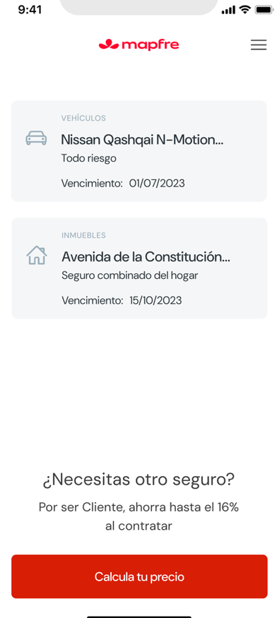 Listado de pólizas en la app de MAPFRE con un seguro de coche y uno de hogar y sus fechas de vencimiento