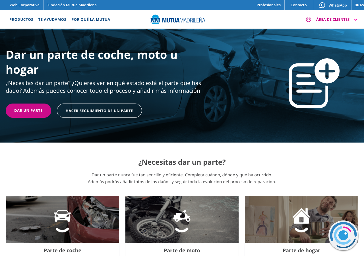 Página de alta de partes de Mutua Madrileña, con opciones para dar parte de coche, moto u hogar