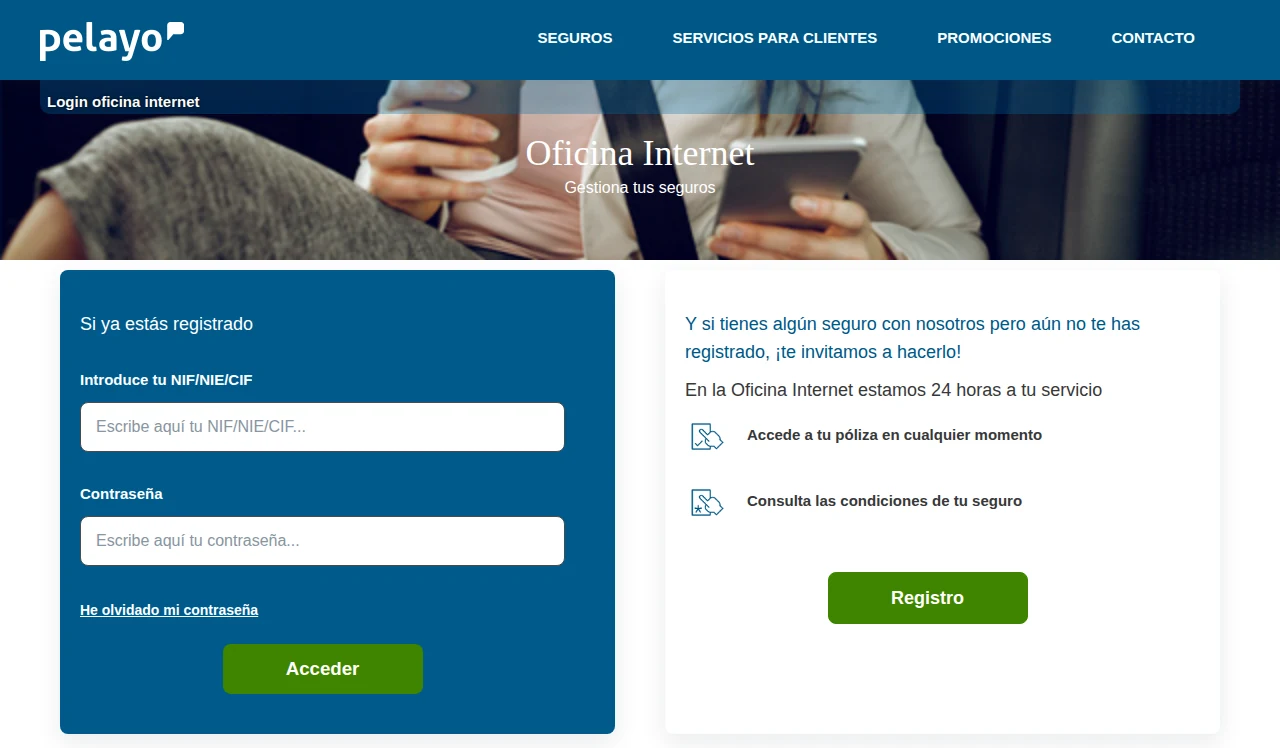 Pantalla de acceso a la Oficina Internet de Pelayo, con el formulario de entrada para quien ya está registrado a la izquierda y el botón de Registro a la derecha