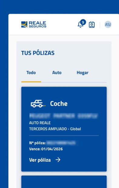 Pantalla de pólizas en la app Reale Seguros ES, con el detalle de una póliza de coche