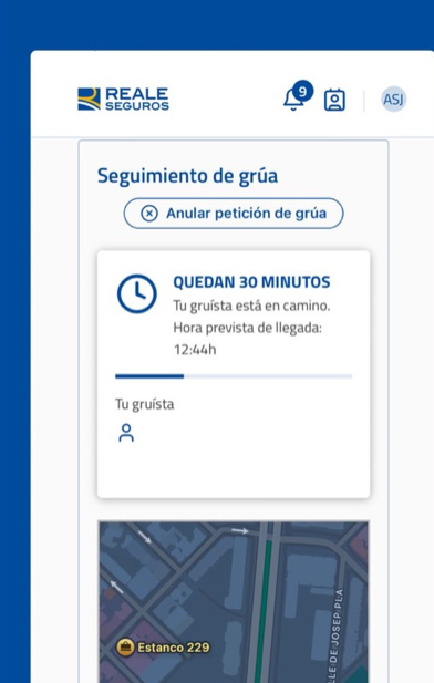 Seguimiento en tiempo real de la grúa solicitada en la app Reale Seguros ES